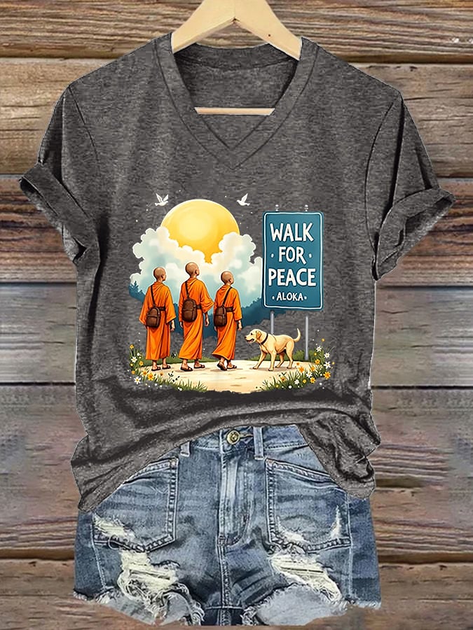 V-Neck Retro Walk For Peace Monks With Aloka Dog Print T-Shirt
