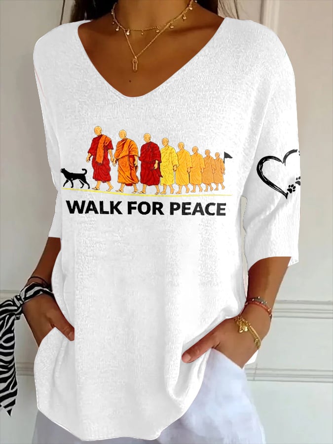 V- Neck Retro Walk For Peace Monks With Aloka Dog Print Shirt