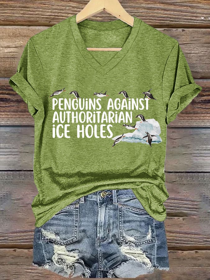 🔥Buy 3 Get 15% Off🔥Women's Penguins Against Authoritarian Ice Holes Printed V Neck T-shirt