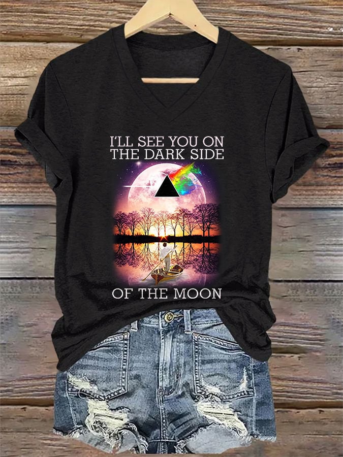 V-Neck Retro I'll See You On The Dark Side Of The Moon Print T-Shirt