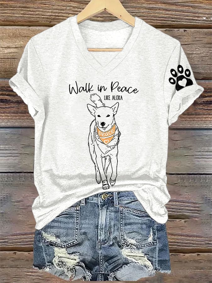 V-Neck Retro Walk In Peace Like Aloka Dog Print T-Shirt