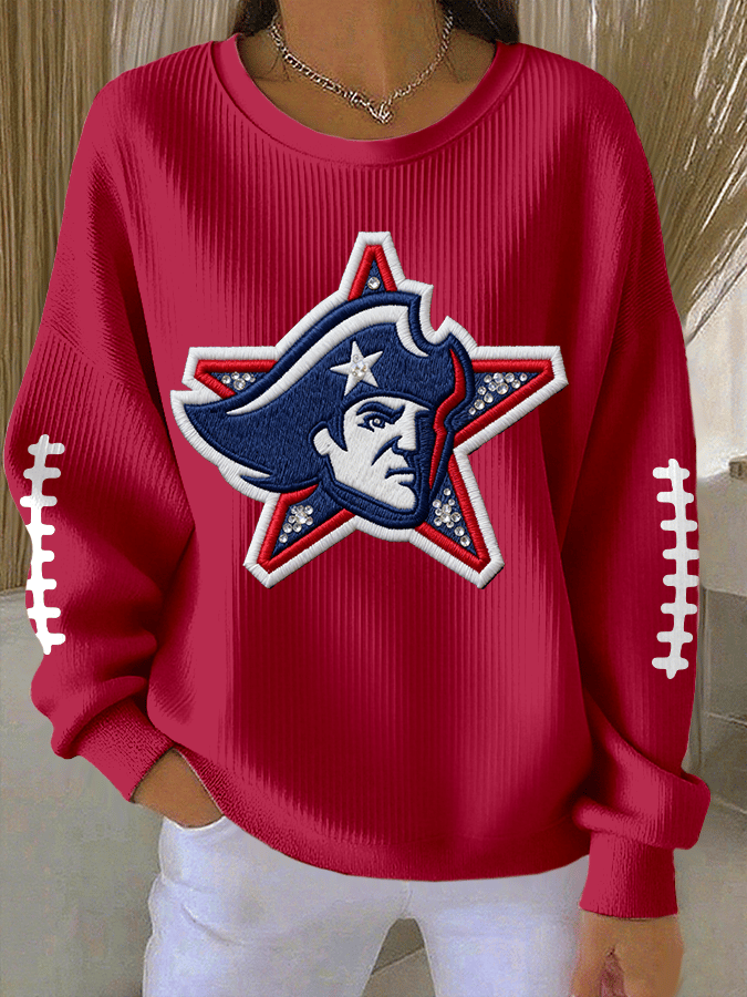 Women's Football Print Knit Crew Neck Long Sleeve Top