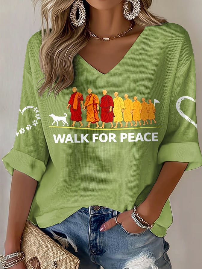 V-Neck Retro Walk For Peace Monks With Aloka Dog Print T-Shirt