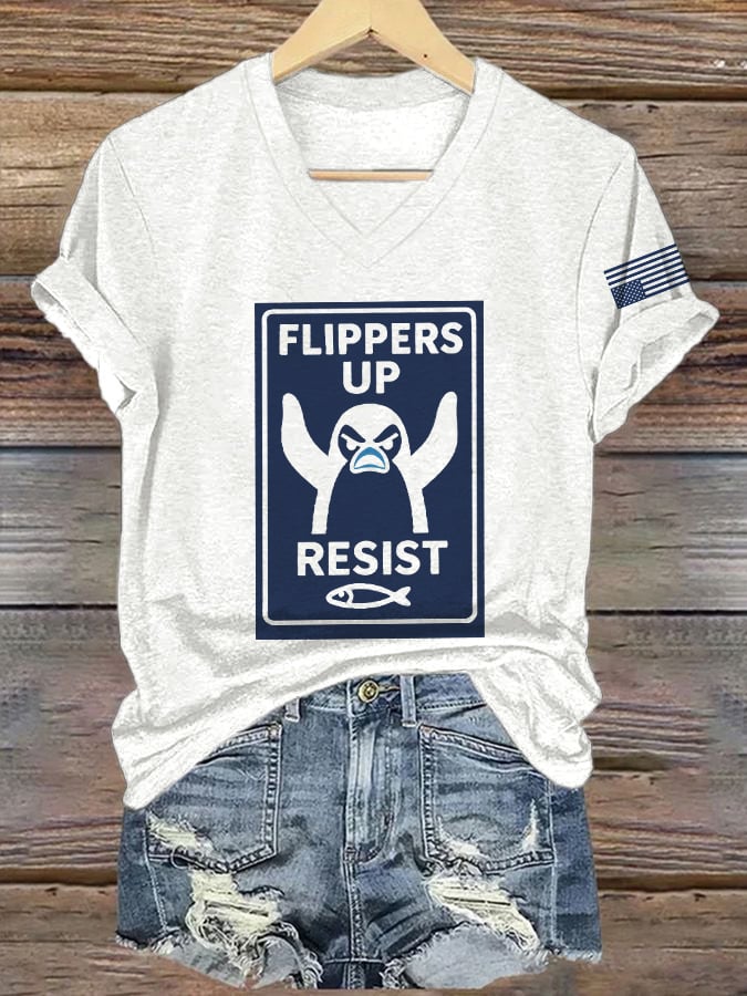 🔥Buy 3 Get 15% Off🔥V-Neck Retro Flippers Up Penguins Resist Tariffs Print T-Shirt