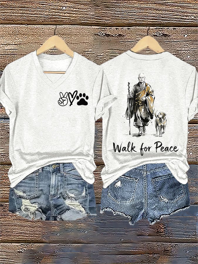 V-Neck Retro Walk For Peace Monks With Aloka Dog Print T-Shirt