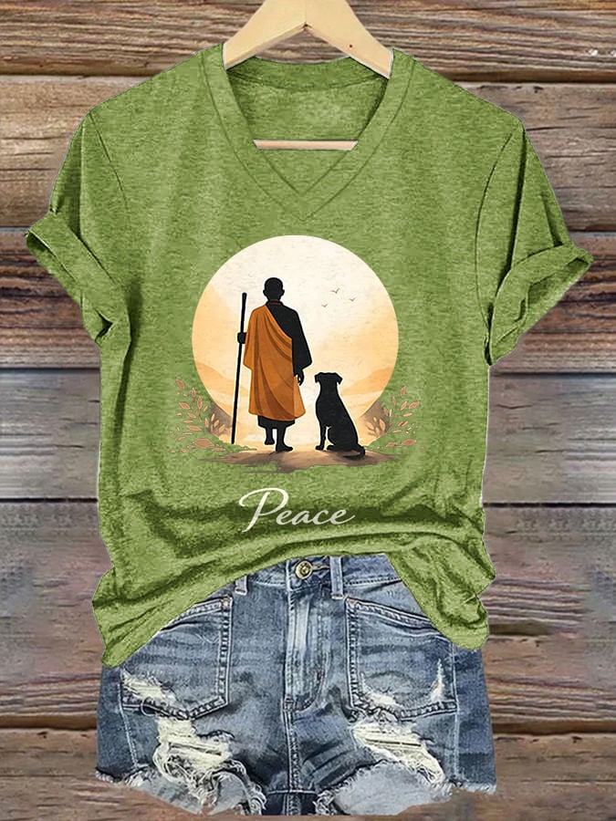 V-Neck Retro Walk For Peace Monks With Aloka Dog Print T-Shirt