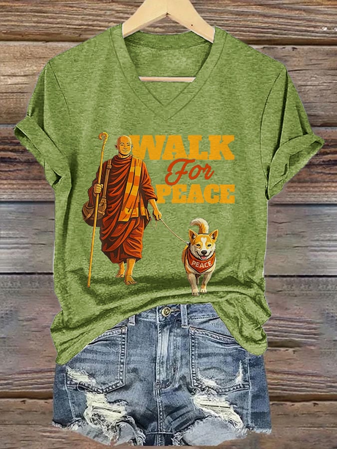 V-Neck Retro Walk For Peace Monks With Aloka Dog Print T-Shirt