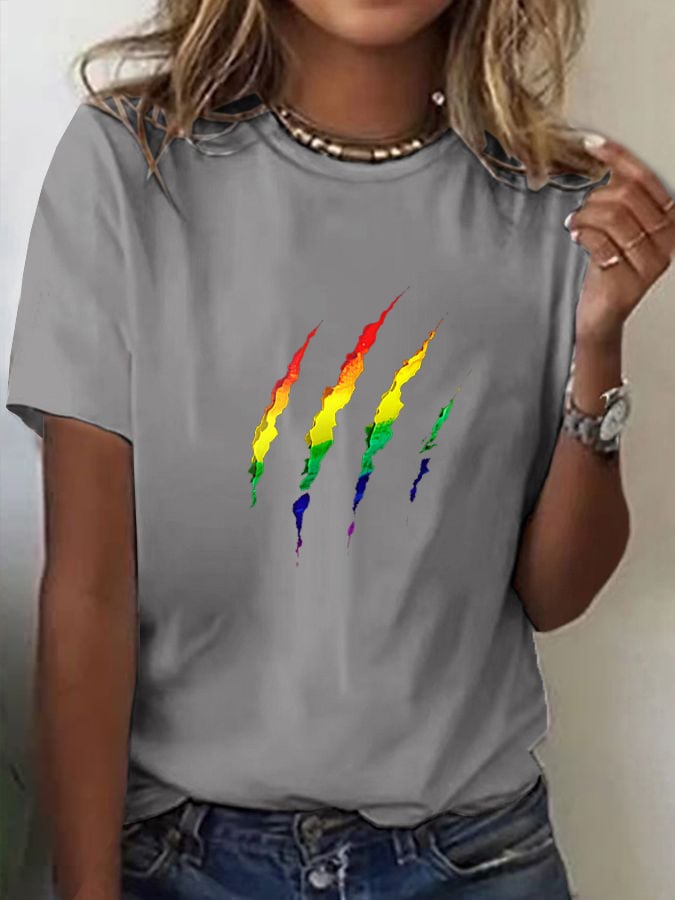 Women's Rainbow Bear Paw Print Casual T-Shirt