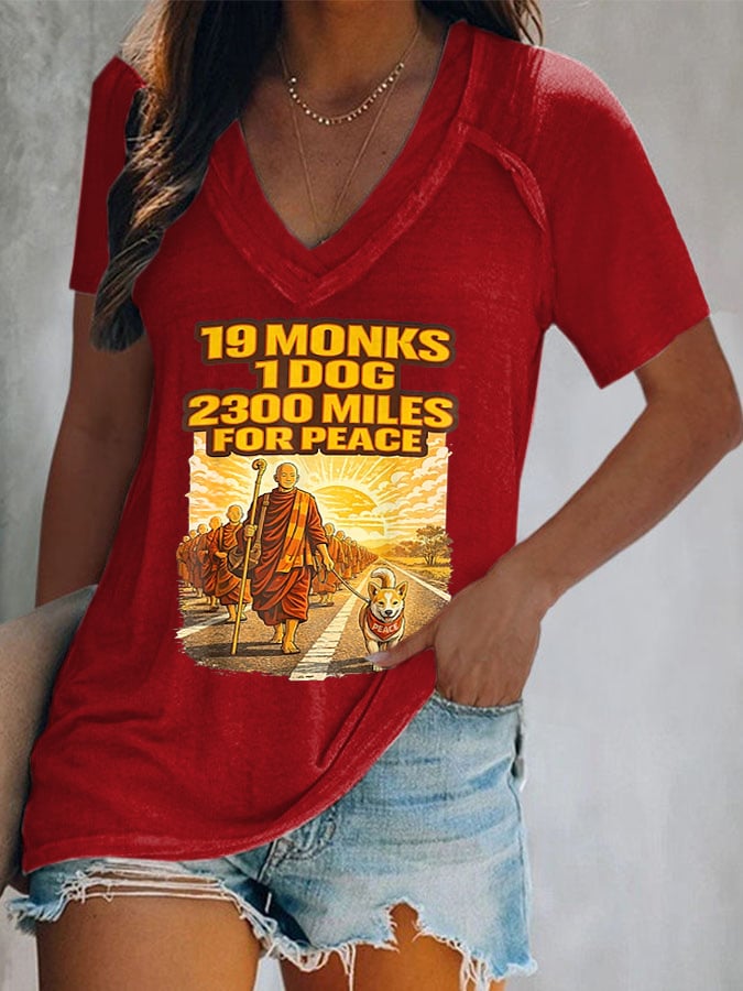 V-Neck Retro Walk For Peace 19 Monks 1 Dog 2300 Miles For Peace Print T-Shirt