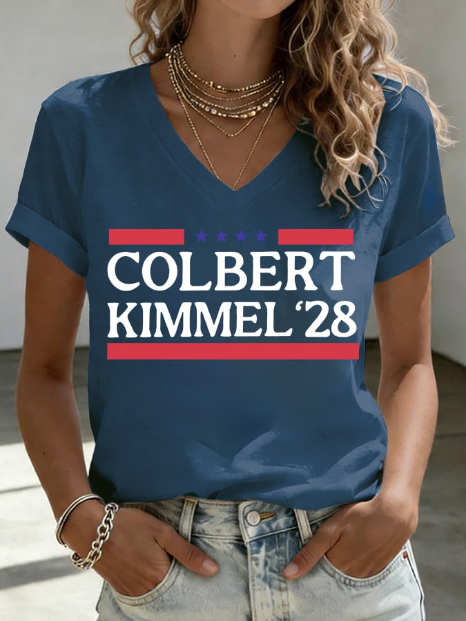 V-Neck Women's Talk Show Colbert& Kimme 2028 Print T-Shirt