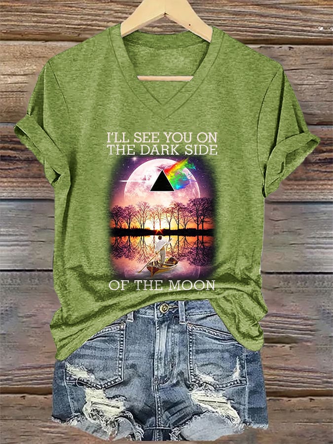 V-Neck Retro I'll See You On The Dark Side Of The Moon Print T-Shirt