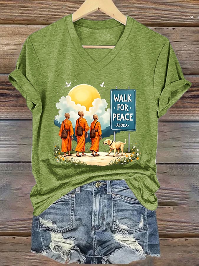 V-Neck Retro Walk For Peace Monks With Aloka Dog Print T-Shirt