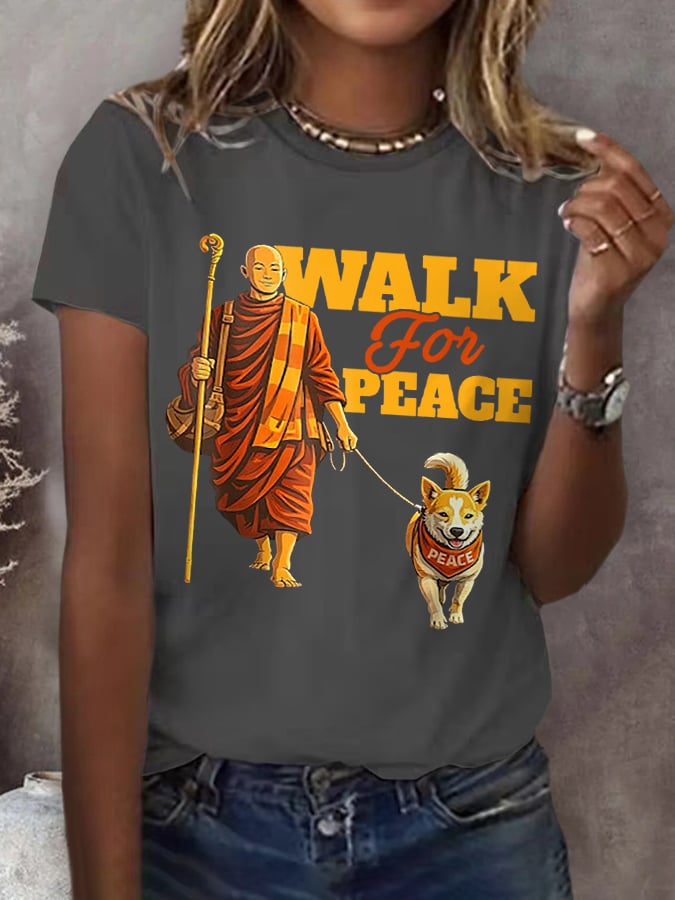 Retro Walk For Peace Monks With Aloka Dog Print T-Shirt
