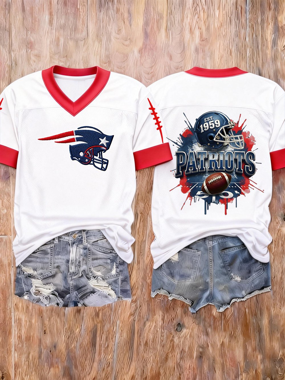 Women’s Football Embroidered Graphic V-Neck T-Shirt