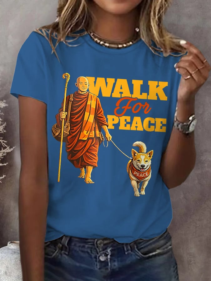 Retro Walk For Peace Monks With Aloka Dog Print T-Shirt
