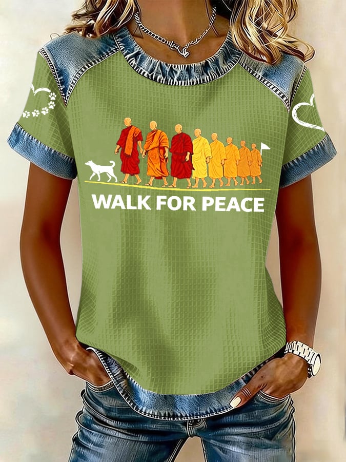 Retro Walk For Peace Monks With Aloka Dog Print T-Shirt