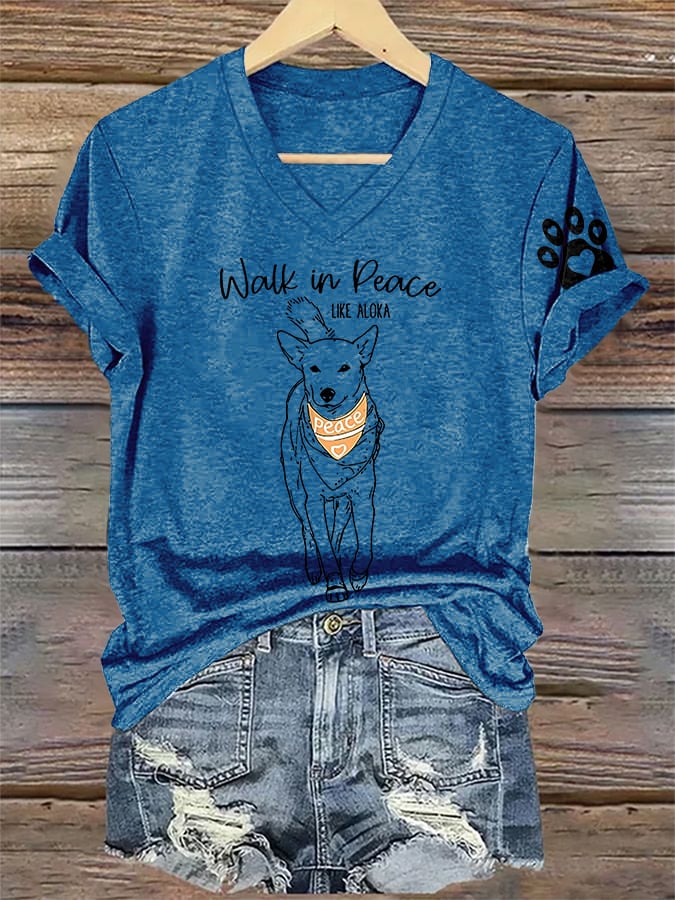 V-Neck Retro Walk In Peace Like Aloka Dog Print T-Shirt