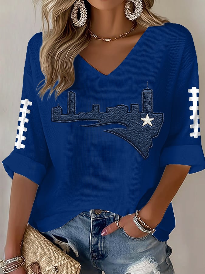 Women's Football Print Waffle Long Sleeve T-Shirt