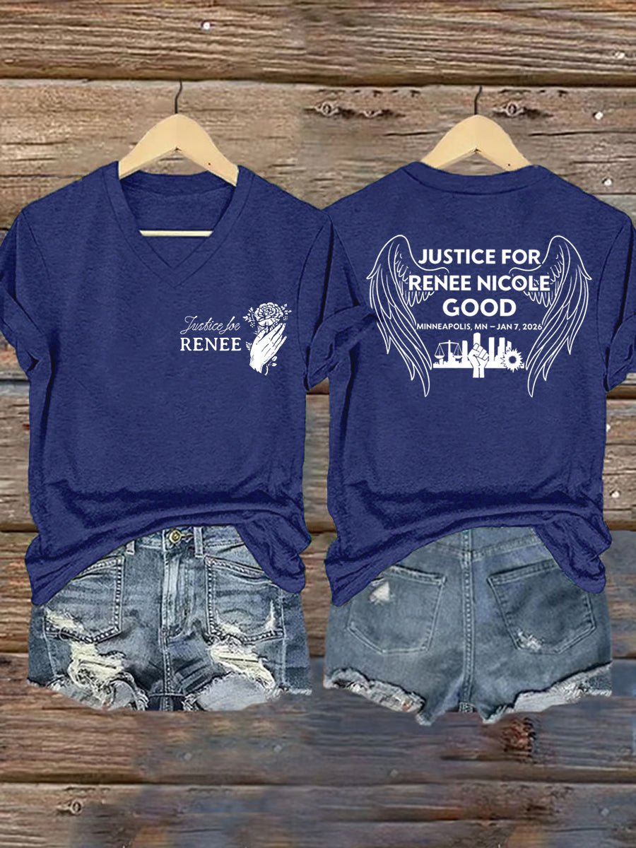 V-Neck Retro Wings Justice For Renee Nicole Good Print T-Shirt