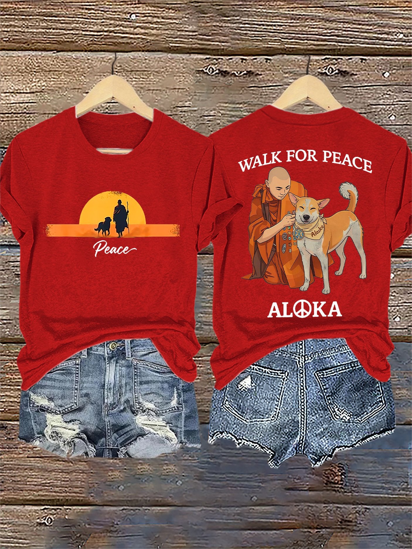 Retro Walk For Peace Monks With Aloka Dog Print T-Shirt