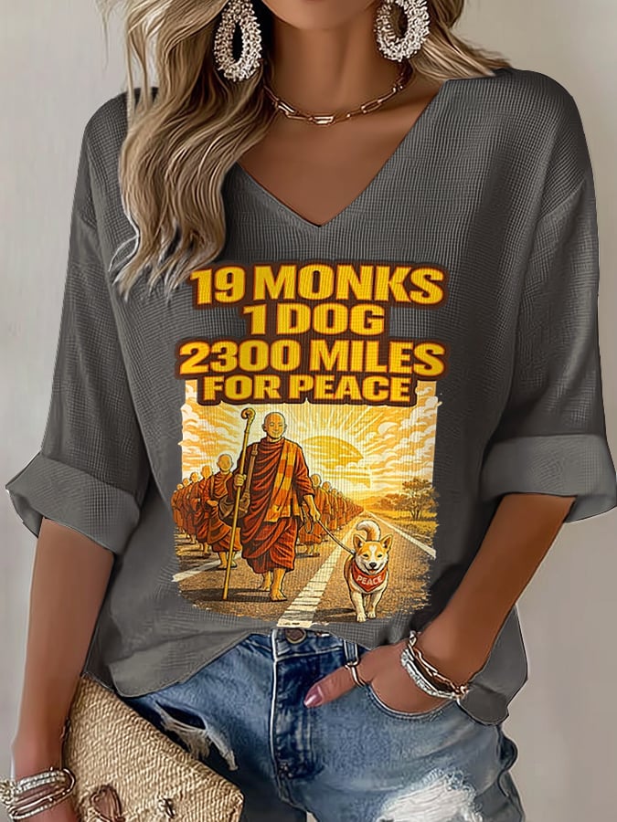 V-Neck Retro Walk For Peace 19 Monks 1 Dog 2300 Miles For Peace Print T-Shirt