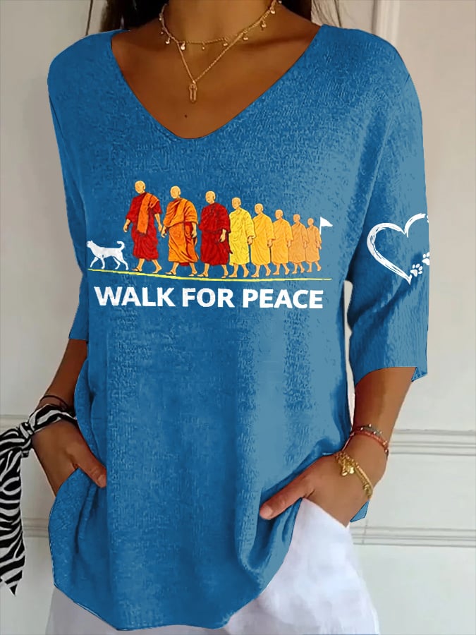 V- Neck Retro Walk For Peace Monks With Aloka Dog Print Shirt