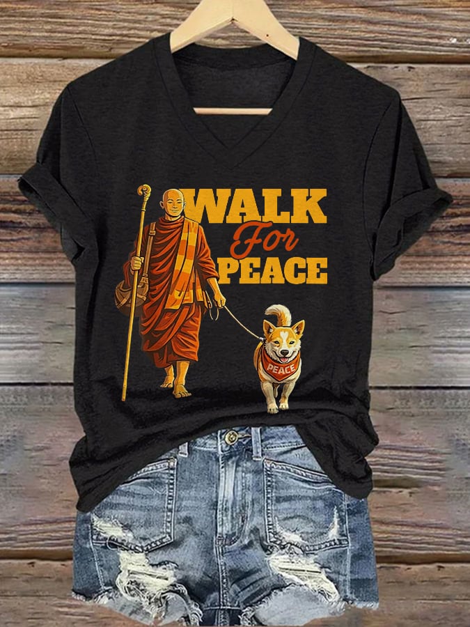 V-Neck Retro Walk For Peace Monks With Aloka Dog Print T-Shirt