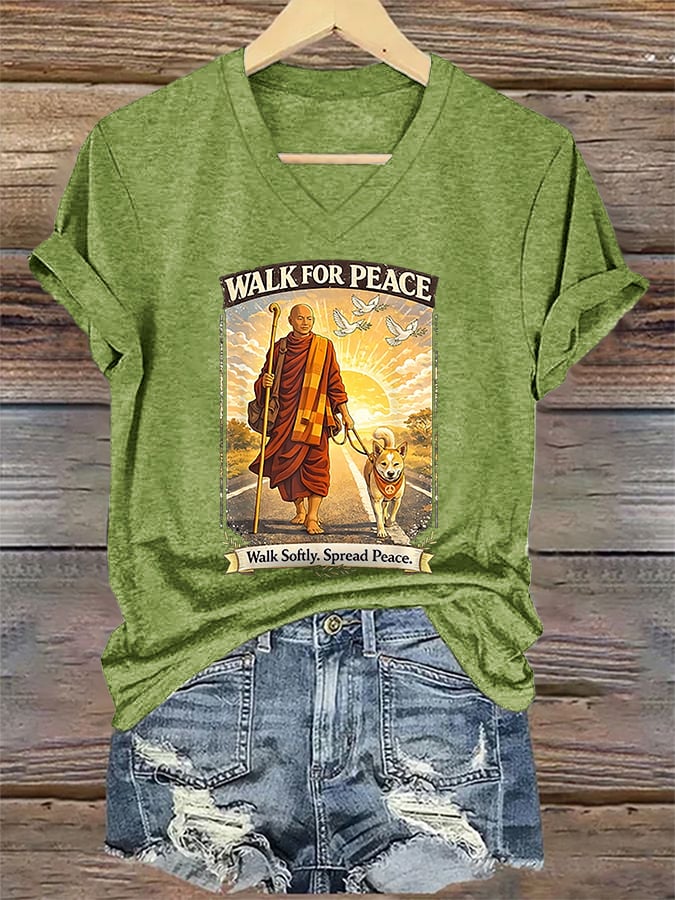 V-Neck Retro Walk For Peace Monks With Aloka The Peace Dog Walk For Peace Walk Softly. Spread Peace Print T-Shirt