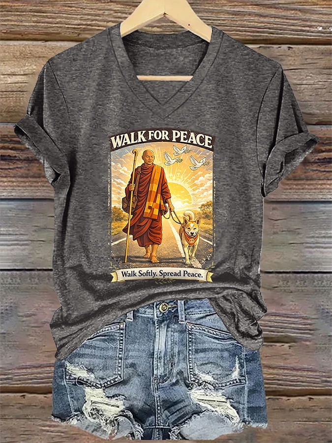 V-Neck Retro Walk For Peace Monks With Aloka The Peace Dog Walk For Peace Walk Softly. Spread Peace Print T-Shirt