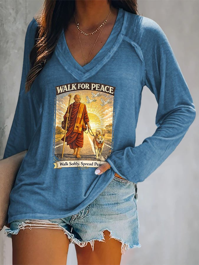 V-neck Retro Walk For Peace Monks With Aloka The Peace Dog Walk For Peace Walk Softly. Spread Peace Print T-Shirt