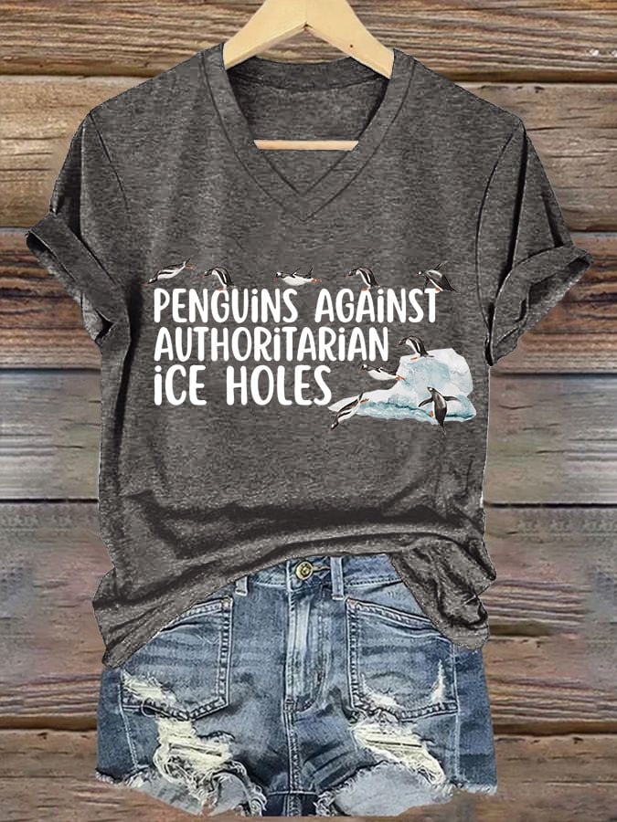 🔥Buy 3 Get 15% Off🔥Women's Penguins Against Authoritarian Ice Holes Printed V Neck T-shirt