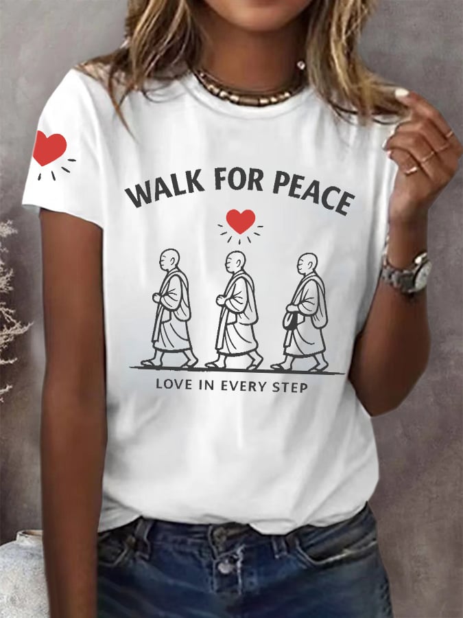 Retro Walk For Peace Love In Every Step Print T-Shirt