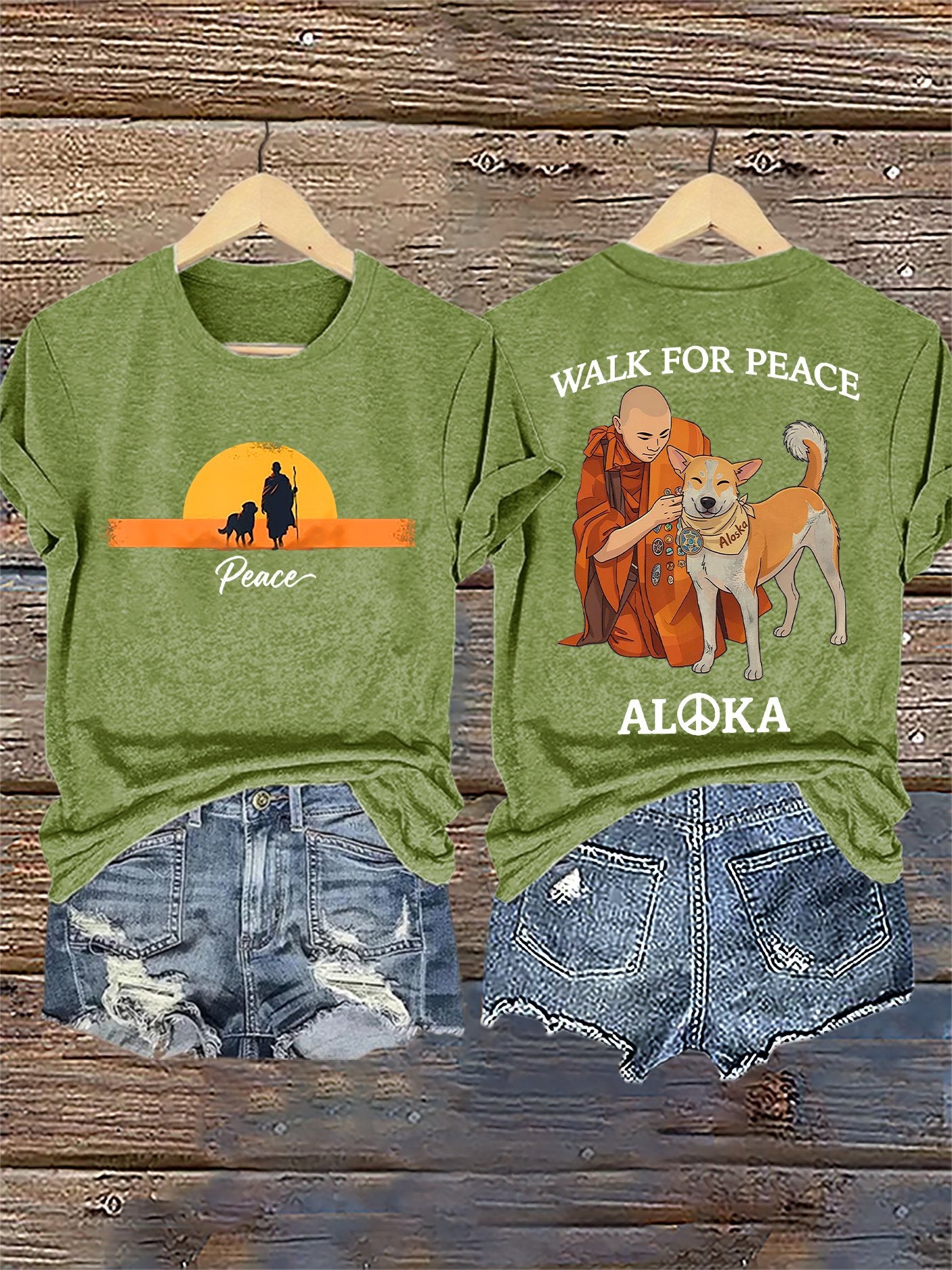 Retro Walk For Peace Monks With Aloka Dog Print T-Shirt