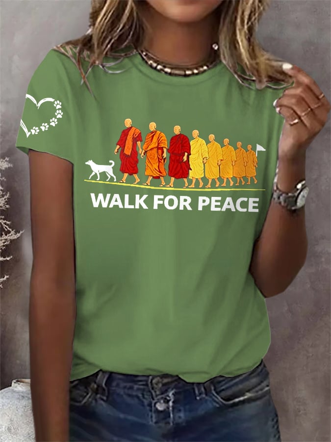 Retro Walk For Peace Monks With Aloka Dog Print T-Shirt