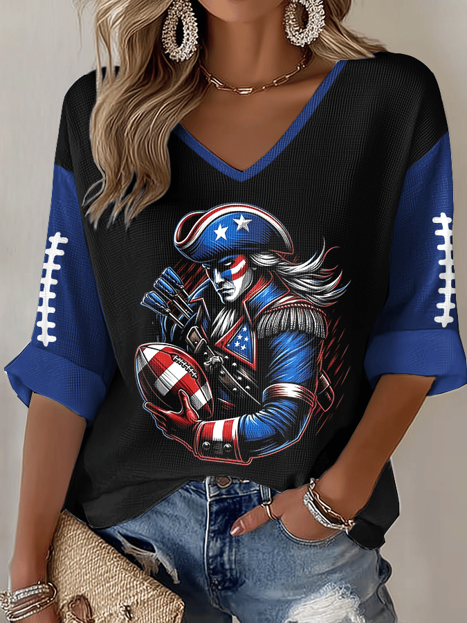 Women's Football Print Waffle Long Sleeve T-Shirt