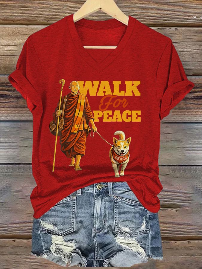 V-Neck Retro Walk For Peace Monks With Aloka Dog Print T-Shirt