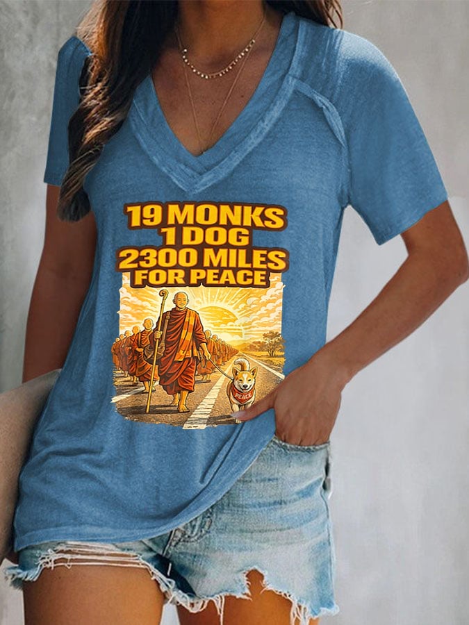 V-Neck Retro Walk For Peace 19 Monks 1 Dog 2300 Miles For Peace Print T-Shirt