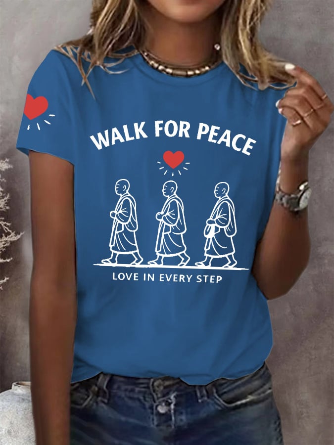 Retro Walk For Peace Love In Every Step Print T-Shirt