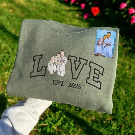 Personalized Embroidered Couple Photo Shirt – “LOVE” Portrait with Est. Year | Anniversary & Valentine’s Gift