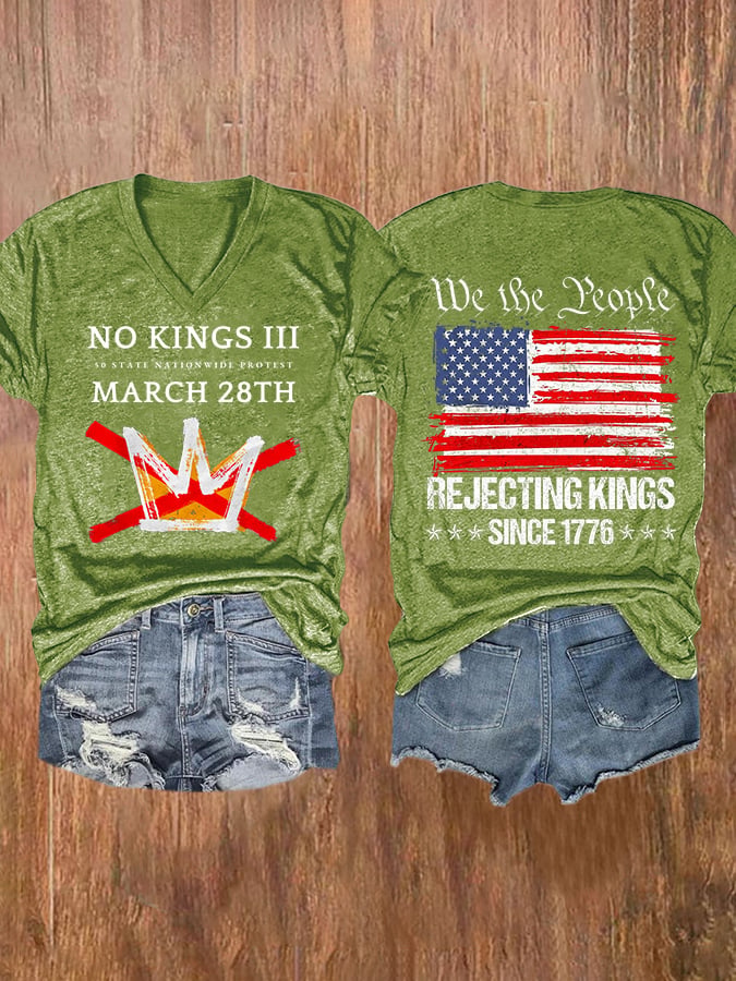 V-Neck Retro No Kings III 50 State Nationwide Protest March 28th Rejecting Kings Since 1776 Print T-Shirt