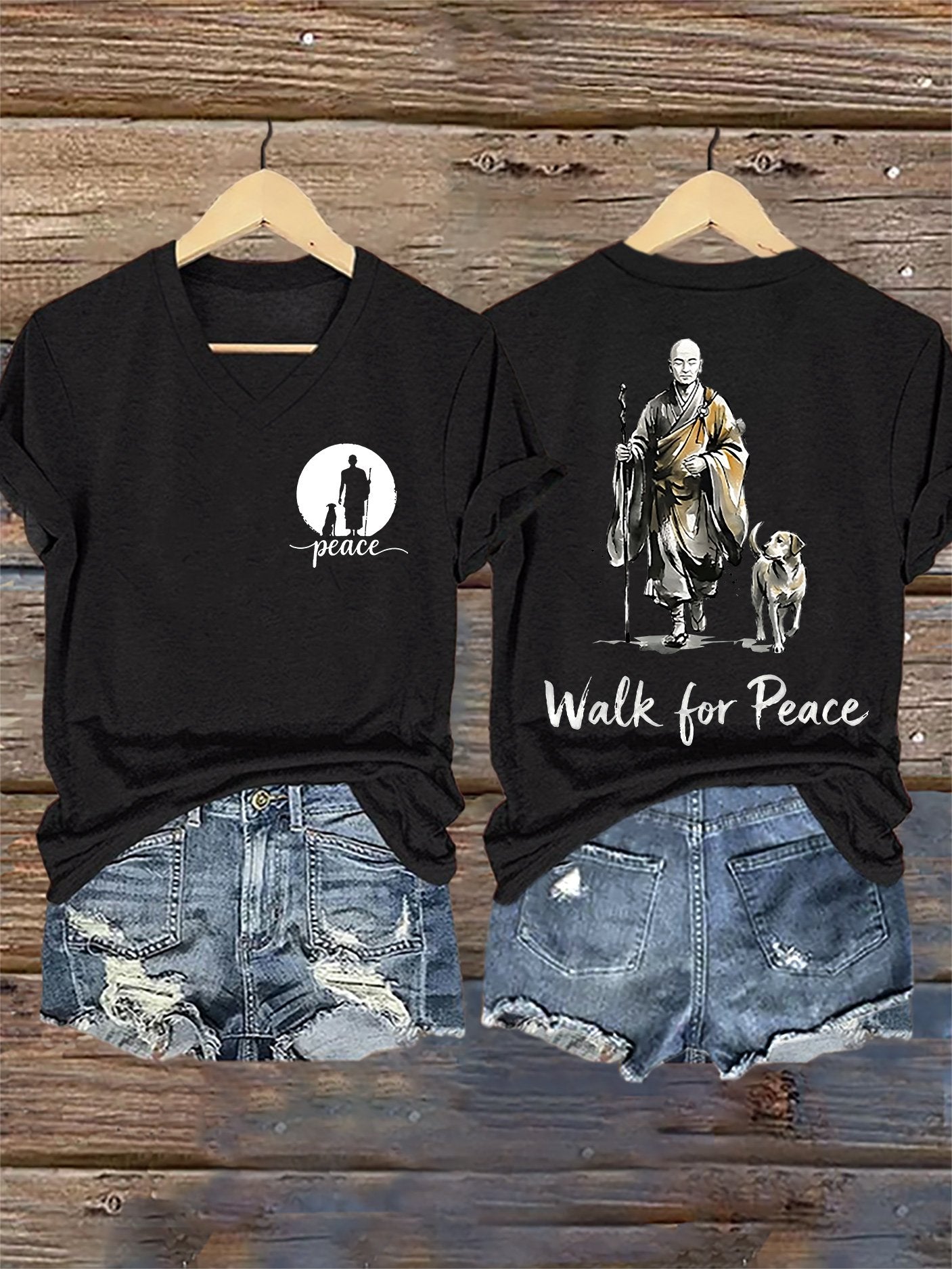 V-Neck Retro Walk For Peace Monks With Aloka Dog Print T-Shirt