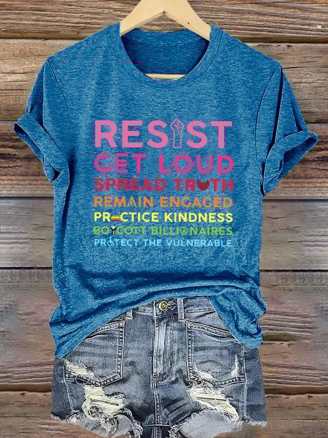 🔥Buy 3 Get 15% Off🔥Retro Resist Get Loud Spread Truth Remain Engaged Practice Kindness Boycott Billionaires Protect The Vulnerable Print T-Shirt