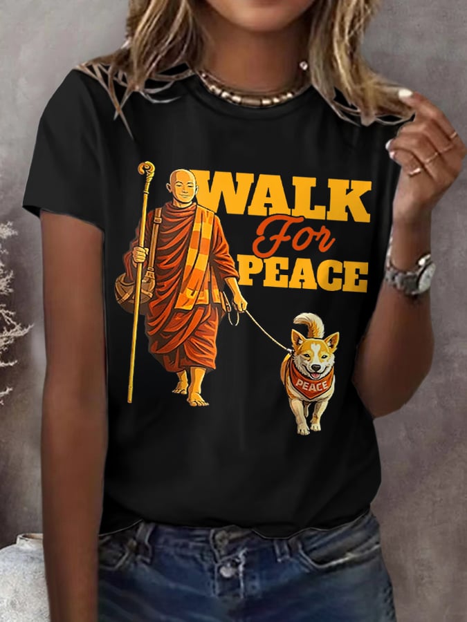 Retro Walk For Peace Monks With Aloka Dog Print T-Shirt