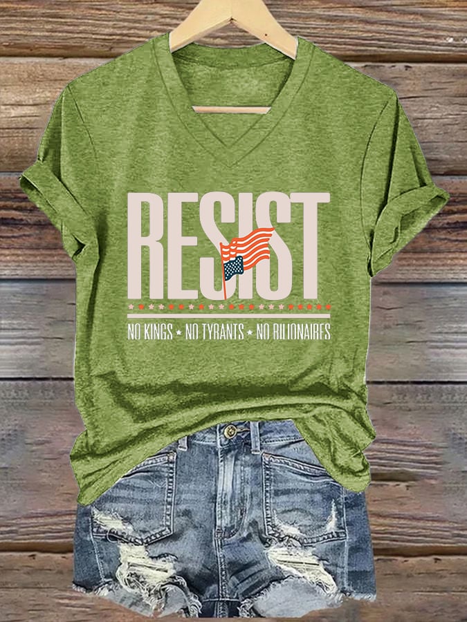 🔥Buy 3 Get 15% Off🔥V-Neck Retro Resist No Kings No Tyrants No Billionaires Print T-Shirt
