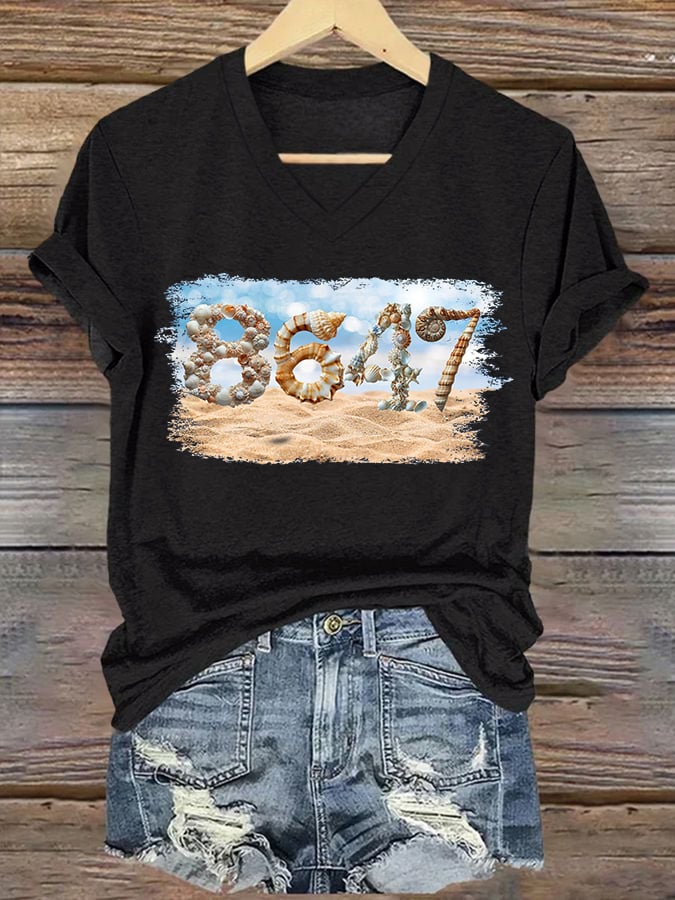 🔥Buy 3 Get 15% Off🔥V-Neck Retro 8647 Beach Seashells Print T-Shirt
