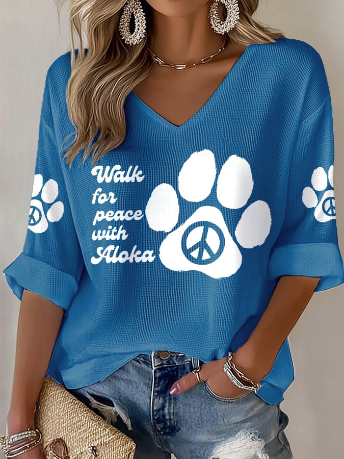 V-Neck Retro Walk For Peace Like Aloka Print T-Shirt