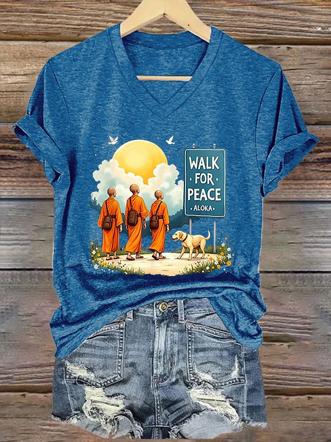 V-Neck Retro Walk For Peace Monks With Aloka Dog Print T-Shirt