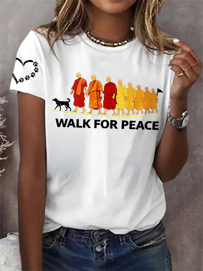Retro Walk For Peace Monks With Aloka Dog Print T-Shirt
