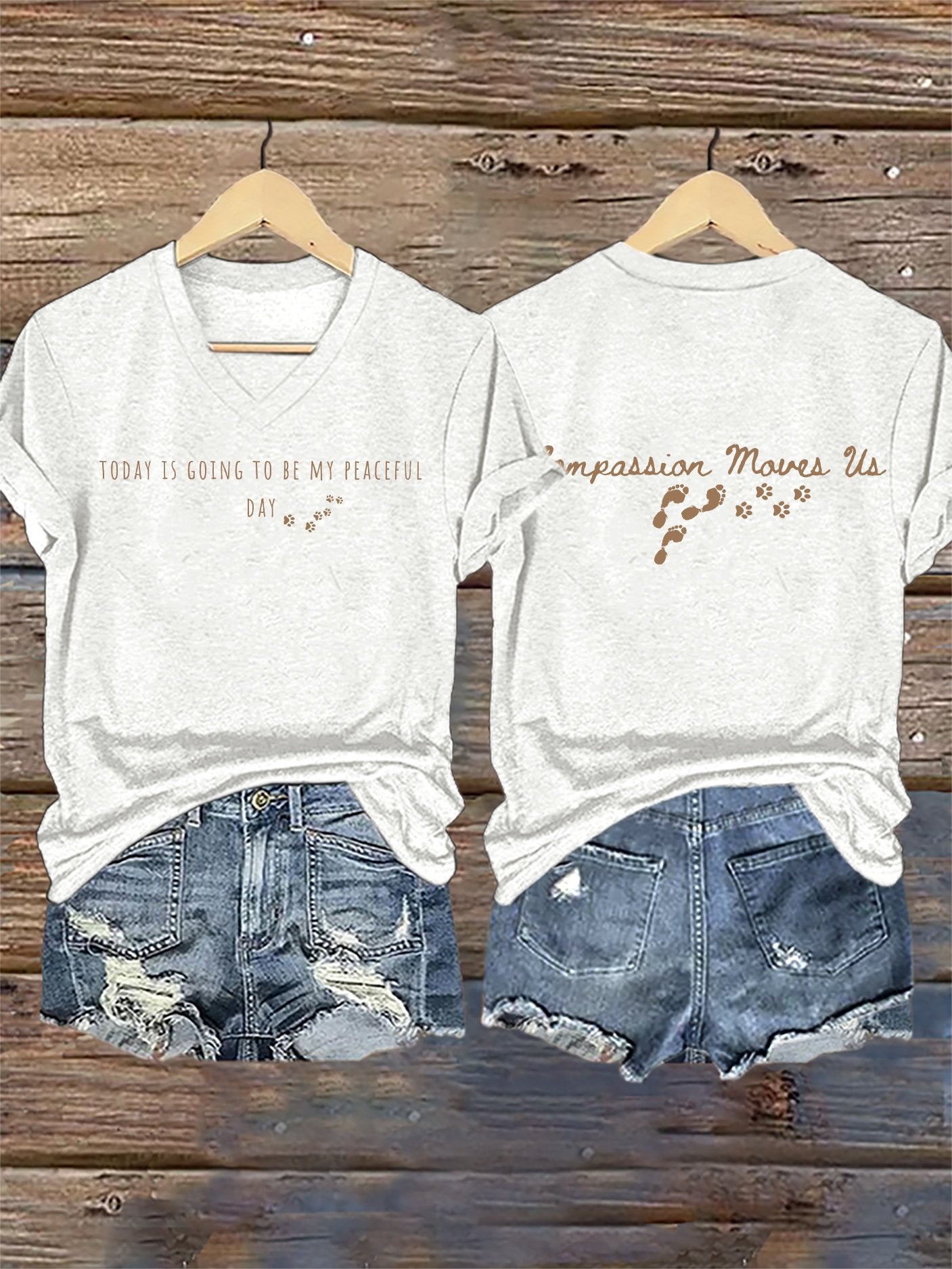 V-Neck Retro Peace Walking Monks With Aloka Dog -Today Is Going To Be Our Peaceful Day Compassion Move Us Print T-Shirt