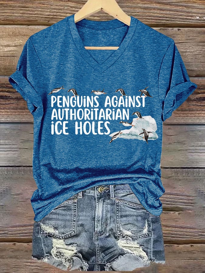 🔥Buy 3 Get 15% Off🔥Women's Penguins Against Authoritarian Ice Holes Printed V Neck T-shirt